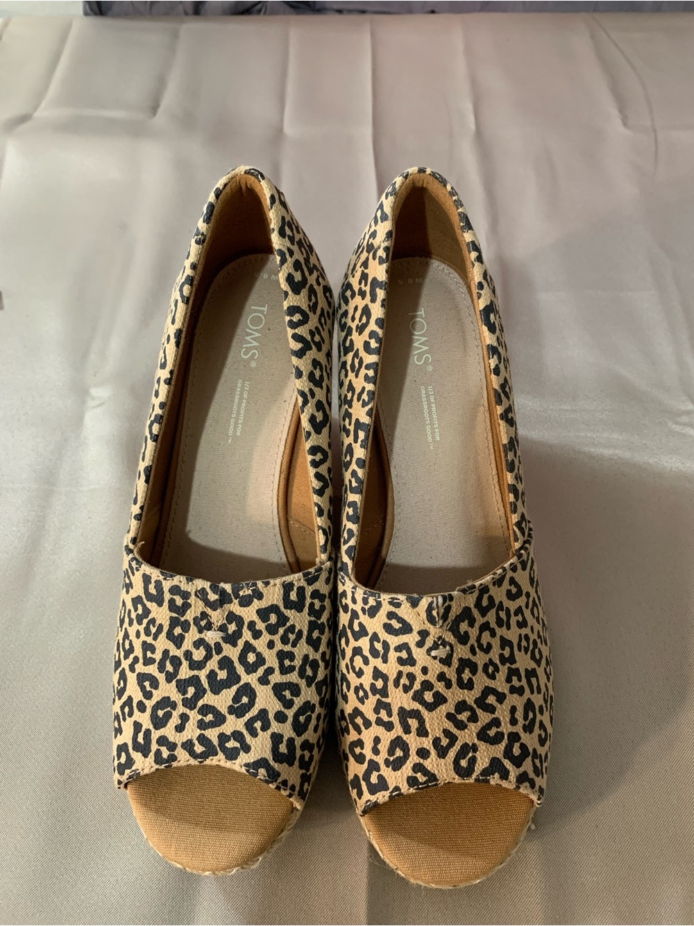 TOMS Leopard Print Peep-Toe Wedge Espadrilles - Tan/Black. 112/4